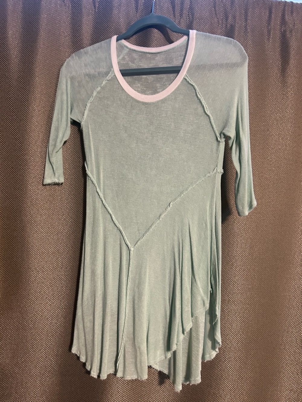 Asymmetrical Sage Green Tunic with Pink Trim